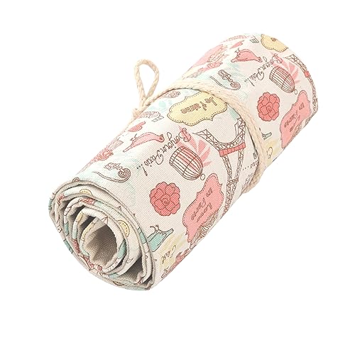 Image of Surblue Canvas Pencil Case Pencil Roll Wrap with 72 Slots Coloring Pencil Holder Organizer Paint Brush Storage Pouch Portable for Artist, Writer (Beige Rose