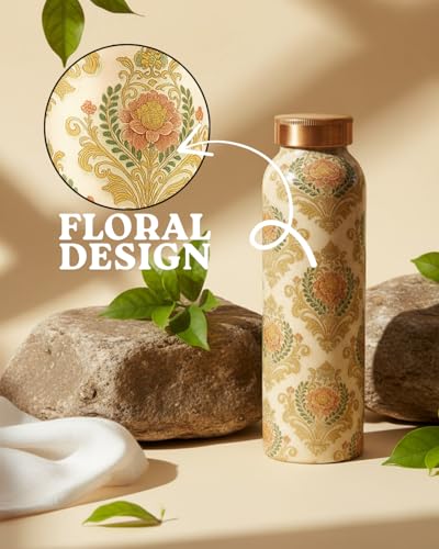 Image of Designer Copper Water Bottle 900ml with Floral Vintage Print, Leakproof Golden Cap, Ayurvedic Drinking Bottle for Healthy Water Storage, Reusable Copper Bottle for Home, Office, Gym & Travel