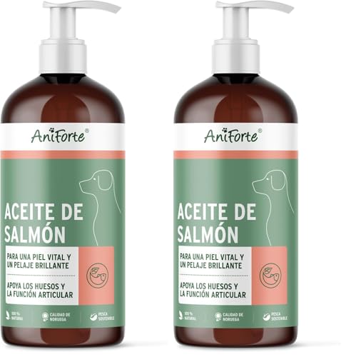 AniForte Aceite de Salmón para Perros 1 Litro - 100% Natural. Contiene Ácidos Grasos Omega 3, EPA, DHA Y Linolénico. Beneficioso para Huesos Fuertes y Pelaje Brillante (Paquete de 2)