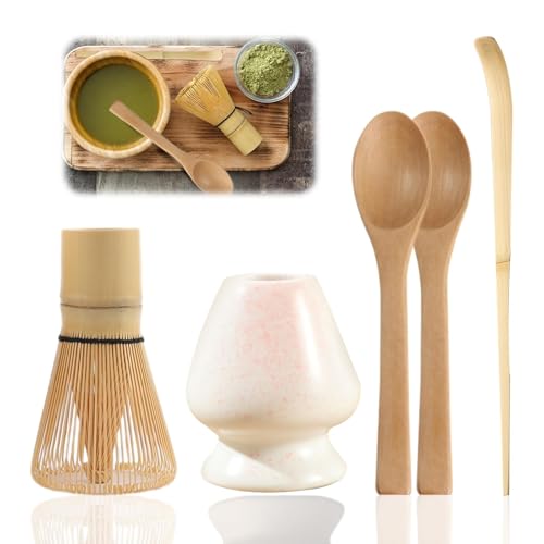 Osuter Ensemble Fouet Matcha de 5 Pièces Fouet Bambou Thé Matcha Fouet Matcha Bambou Porte-Fouet Traditionnelle Japonais Fouet Matcha pour Préparer Une Tasse (blanc rosé)