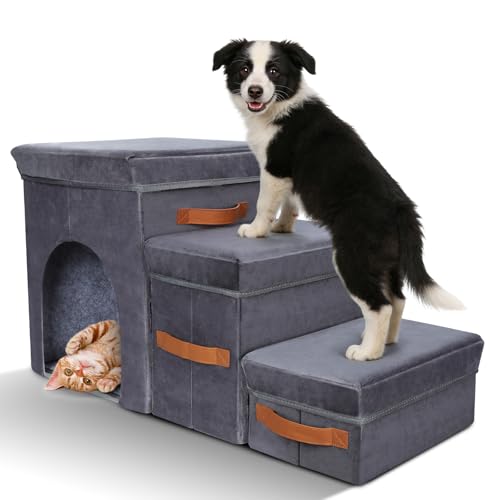 Zvonema Hundetreppe 3 Stufen, breiteren Haustiertreppe mit Stauraum, Faltbare Hundetreppe für Kleine Hunde bis 40kg, rutschfeste Hunderampe für Sofa, Bett, Auto, ältere Hunde & Katzen-78x34x45cm
