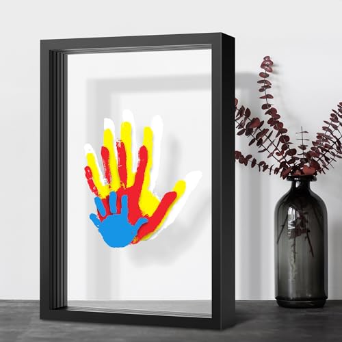 Image of Omrhvi Family Handprint Kit, Hand Prints Keepsake Frame, DIY Craft Gift for New Parents & Mom & Baby, Grandparents, Mother's Day, Father's Day, Adoption Day, Anniversary, 6 Non -Toxic Paints (Black)