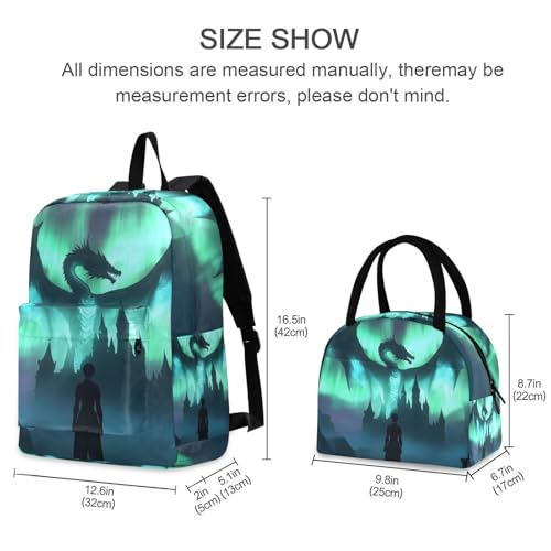 Backpack Lunch Box Set Large Capacity Travel Backpacks and Insulated Lunch Bag for Commute Hiking Picnic Aurora Dragon Print2