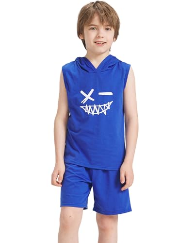 Image of Kids Boys Summer 2PCS Outfits Sleeveless Hooded Loose Casual Top Shirt and Elastic High Waist Sports Short Pant Set