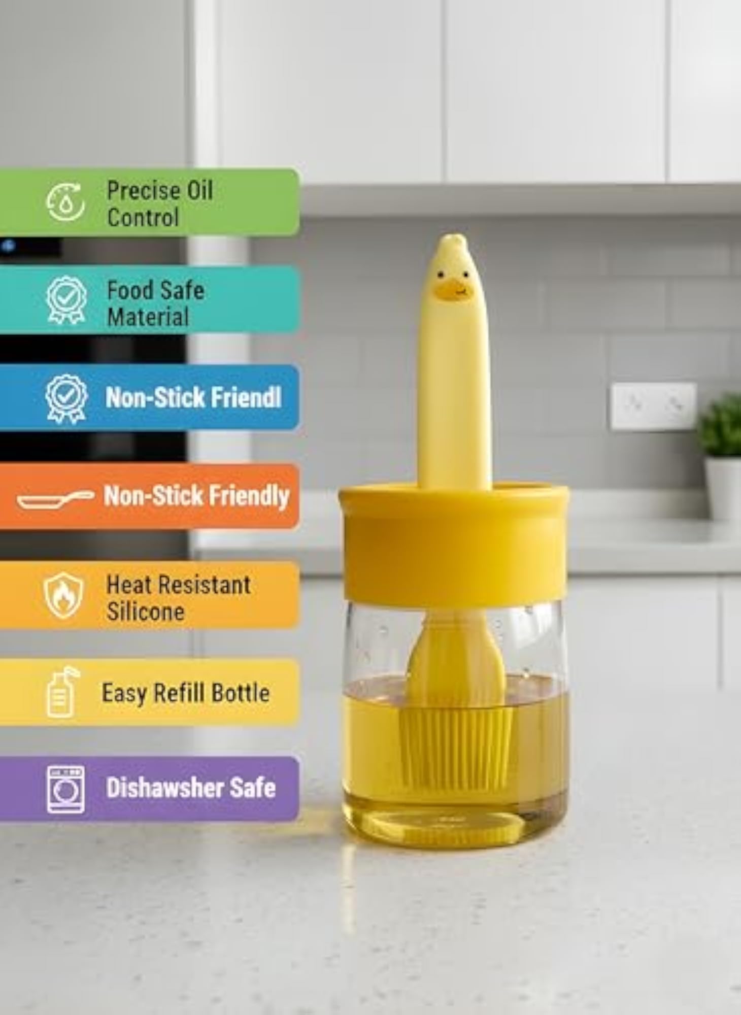 Yellow Oil Dispenser Bottle with Integrated Silicone Brush, Leak Proof