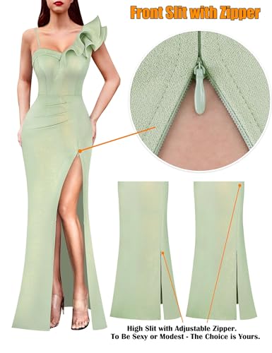Image of VFSHOW Womens Ruffle One Shoulder Strap Ruched Formal Prom Wedding Maxi Dress V Neck Elegant Split Cocktail Evening Long Gown