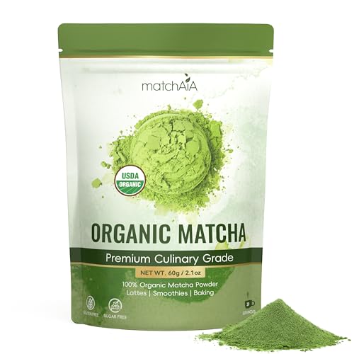 MatchAiA Organic Matcha Green Tea Powder - Premium Culinary Grade, USDA Certified, 100% Pure - Perfect for Lattes, Smoothies, Desserts and Baking - Sugar Free, Gluten Free (60g / 2.1oz Pouch)