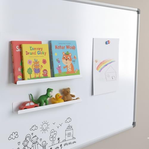 Image of 2 Pack Magnetic Book Shelf for Whiteboard - 17 Inch Reusable Acrylic Magnetic Shelves, Holds 11 lbs, Magnetic Book Display for Classrooms, Kitchen(White)