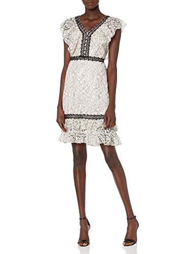 Nanette Nanette Lepore Women's Sleeveless Lace Dress with Flounce Hem & Neckline, Cannoli Cream/Very Black, 6