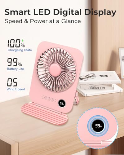 Image of ARCTICOOL Small Table Fan with LED Display, 2000mAh Battery Rechargeable Fan with 5 Speeds, 5.8 Inch Mini Desktop Fan with 180 Tilt Folding and Phone Stand for Home and Office (Light Pink)