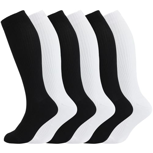 Image of +MD Cotton Compression Socks for Women & Men 4 /6 Pairs 15-20mmHg Knee High for Sports, Travel, Nursing Long Sitting Standing
