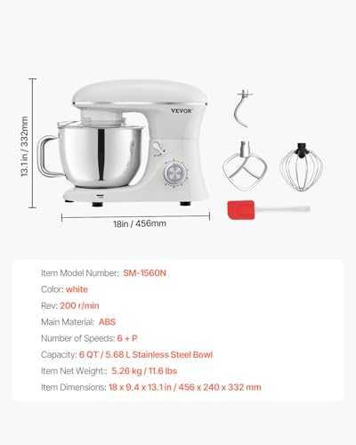 VEVOR Stand Mixer, 6 QT Dough Mixer, 660W 6 + P Speeds Tilt-head Food Mixer with Stainless Steel Bowl, Dough Hook, Wire Whip, Flat Beater, Scraper, Household Stand Mixer for Baking & Mixing, White - Image 7