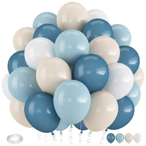 Image of Dusty Blue Balloons 60PCS 12Inch Slate Baby Light Blue White Balloon | Sand Balloons for Boys Baby Shower Bridal Shower Engagement Wedding Coastal Birthday Party Decorations