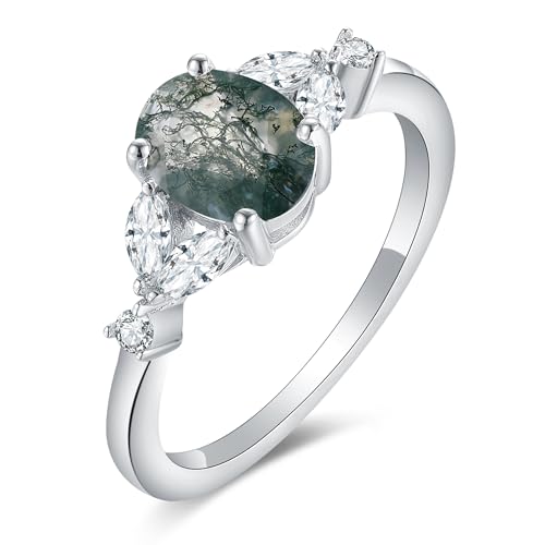 Natural Gemstone Engagement Ring for Women 925 Sterling Silver Moss Agate/Black Rutilated Quartz Art Deco Bridal Wedding Promise Ring for Her Size 4-9