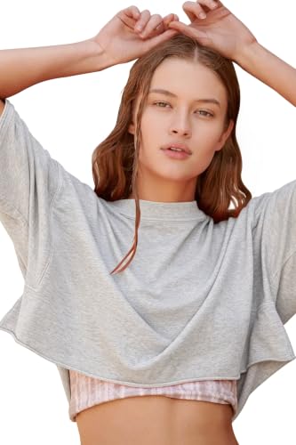 Image of HUGOOME Womens Oversized Workout Crop Top Casual Short Sleeve Boxy Roll Hem