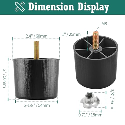 Image of 2 inch Plastic Furniture Legs, Round Tapered Table Legs Black Sofa Legs Replacement Legs with M8 Hanger Bolts for Couch Table Sofa, Pack of 8