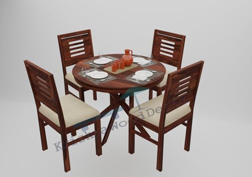 Image of Krishna Wood Decor Wood Round Dining Table 4 Seater with Chair | Dining Table Set | Dining Room Set | Dining Table 4 Seater Round Shape | Dining Room Furniture | Wooden Table | 4 Seater (1)