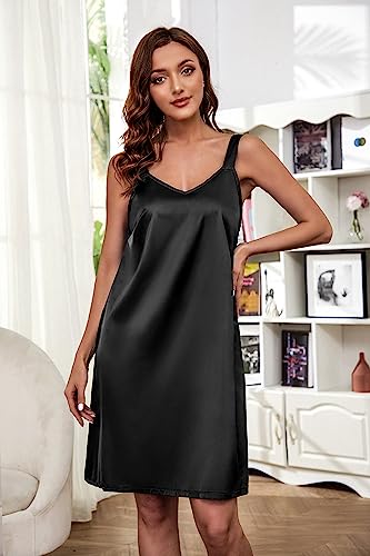 Hbzdqb Women Sleeveless Chemise Sleepwear V Neck Wide Strap Nightgown Full Slip Racerback Nightdress Lingerie Black L #TOP3