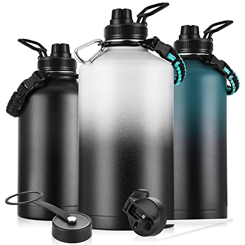 One Gallon Vacuum Insulated Water Bottle With 3 Straw Lid & Paracord Handle, 128oz Modern Double Vacuum Insulated Jug, Stainless Steel Water Flask, Cold For 48H Hot For 24H Simple Thermo Canteen Mug