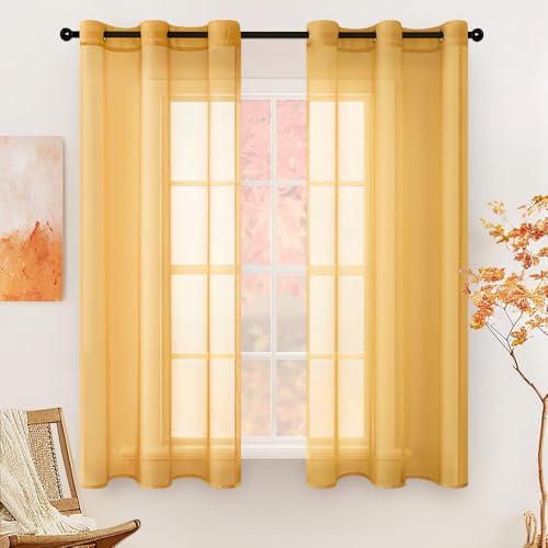 MIULEE 2 Panels Solid Color Sheer Curtains 63 Inch Length Set Fall Elegant Grommet Light Filtering Window Voile Panels/Drapes/Treatment for Bedroom Living Room W42 x L63 Inch, Mustard Yellow