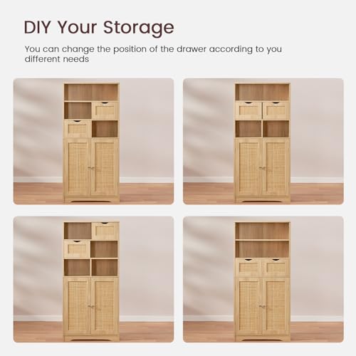 Iwell Tall Storage Cabinet, Rattan Cabinet with 2 Drawers & Adjustable Shelf, Kitchen Pantry Storage Cabient, Entryway Cabinet for Living Room, Dining Room, Home Office, Natural by Iwell - Used condition - Image 7