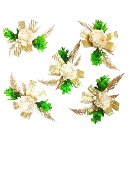 Chuz N Pick Artificial Floral Decorative Bouquet with Golden Ferns and Ribbon wooden flower - Set of 5