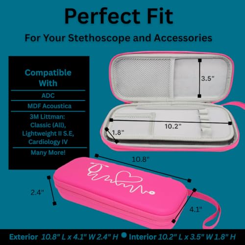 Stethoscope Case for 3M Littmann Classic III, Lightweight II S.E, MDF Acoustica - ID Slot and Pockets for Nursing Accessories - Hard Case Holder for Nurse - (Pink - Pu Leather)