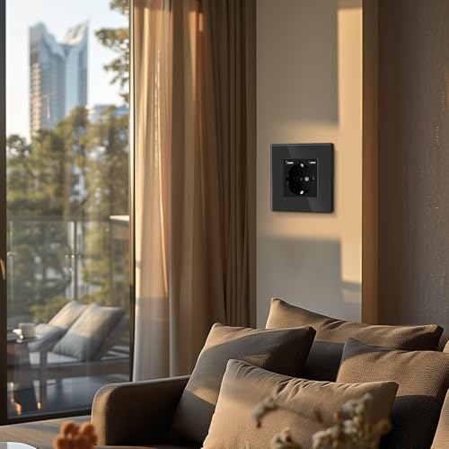BSEED USB Steckdose Schwarz Schuko Steckdose mit USB Anschluss (Max. 2.1A) Unterputz Steckdose Glas Schutzkontakt-Steckdose Ladegerät für Handys, Laptops etc