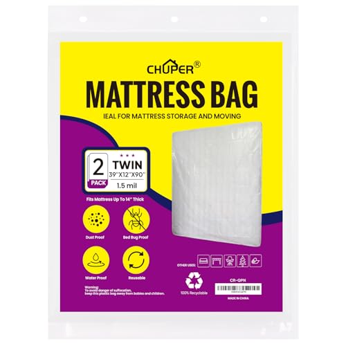 CHUPER 2 PK Twin Mattress Bags for Moving and Disposal Waterproof Mattress Cover for Moving Twin Size Plastic Mattress Protector for Storage