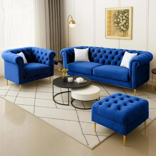 Image of Classic 3+1= 4 Seater with Footrest Seater Sofa Set Luxury Chesterfield Modern Fahionalable Sleeper Sofa for Living Room, Dining Room, (Blue A1)
