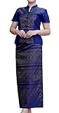 RaanPahMuang Luxurious Thai Silk Dress Chinese Front Cut Stitch Outfit, Medium, Chinese Collar - Zaffre Blue