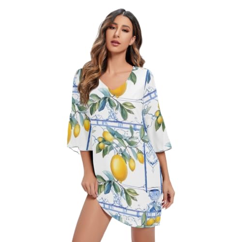 Robe vintage col en V silhouette sublimée motif bleu citron
