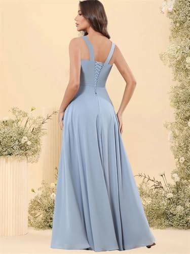 Square Neck Chiffon Bridesmaid Dresses with Slit Sleeveless Ruffle A Line Long Formal Evening Gowns2