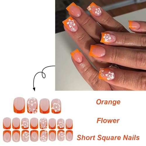 Image of NBNTGH Orange French Tip Glue On Nails, 24 Pcs Short Square ABS Acrylic Full Cover Stick On False Nails, Reusable, Glossy, Spring /Summer Press On Nails