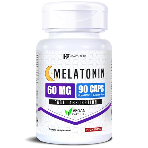 Healthfare Melatonin 60mg | 90 Veg Capsules | High-Strength Formula | Vegetarian Non-GMO Gluten-Free | Made in the USA