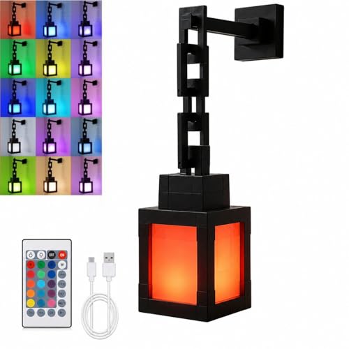 Pixelated Lantern RGB Night Light 16 Color Rechargeable LED Wall Lamp with Remote Secure Screw Mount Block Style Hanging Lantern Decor for Game Room Bedroom Desk & Gaming Setup