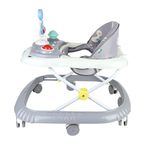 Andador de bebé 5 em 1, andarilho dobrável para bebé, com 4 altura ajustável, luzes, música, bandeja de atividades removível, carga 12 kg, para 6 meses - 67 x 72 x 92 cm, cinzento (B)
