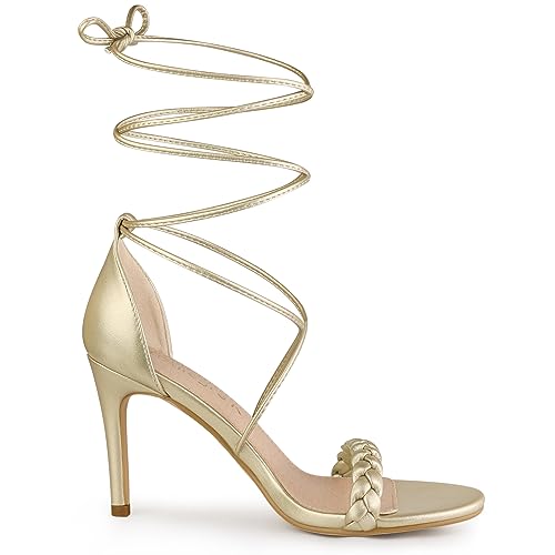 Allegra K Allegra K Women's Woven Strap Lace Up Strappy Stiletto Gold Heel Sandals 8 M US