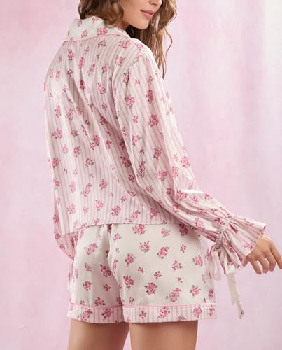 Image of Yiulangde Valentines Heart Bow Pajamas for Women Silk Satin Ruffle Shorts Pjs Tie Front Long Sleeve Shirts Pajamas with Bows