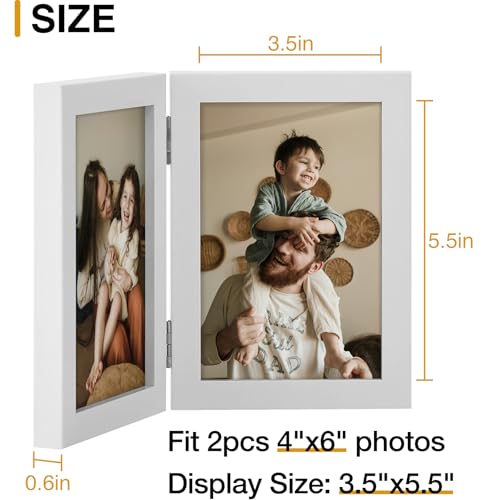 decorUhome Double 4x6 Picture Frame Vertical, Engineered Wood Bifold Photo Frame with Plexiglass for Tabletop Display, 4x6, White