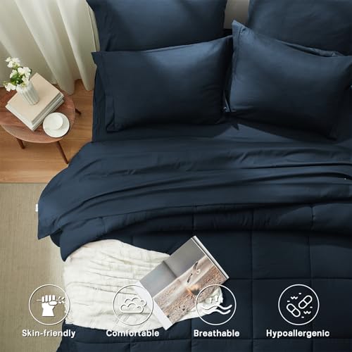 Anluoer Twin Size Bed in a Bag 5 Pieces, Navy Blue Bed Comforter Set with Sheets, All Season Bedding Sets with 1 Comforter, 1 Pillow Sham, 1 Pillowcase, 1 Flat Sheet, 1 Fitted Sheet