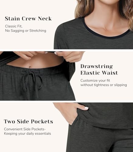 Image of NACHILA Pajamas for Women-Viscose Made from Bamboo,Satin Crew Neck Pajama Sets Short Sleeve Pjs with Capri Pants