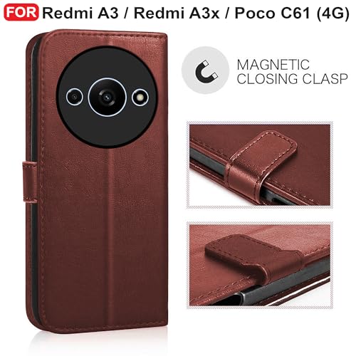 Image of CEDO Flip Cover for Redmi A3 / Redmi A3x / Poco C61 (4G) | Leather Finish | Inside Pockets & Inbuilt Stand | Shockproof Wallet Style Magnetic Closure Back Case Flipcover (Brown)