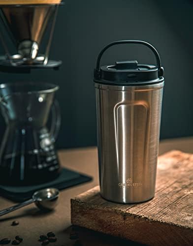 Greens Steel Reusable Coffee Cup - 16oz Silver | Travel Mug with Lid & Handle | Stainless Steel Insulated Thermos Flask for Hot & Cold Drinks | Leak Proof Tumbler for Tea, Coffee, Iced Drinks | No BPA