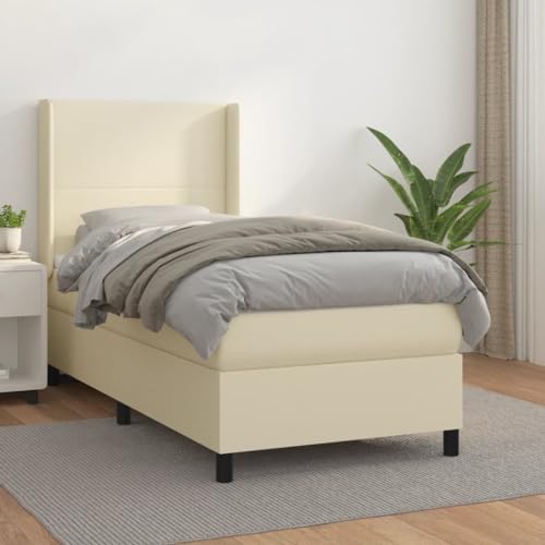 zylophax Cama con somier de piel sintética, color crema, 80 x 200 cm, incluye colchón de muelles ensacados, cabecero ajustable, cama acolchada con cubrecolchón para un sueño reparador