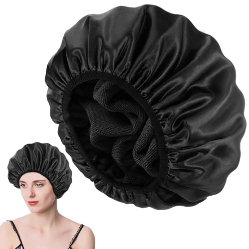 Gorro Saten Pelo Rizado, Gorro de Satin para Dormir Ajustable, Bonnet Seda para Dormir de Mujeres, Reutilizables Silk Bonnet, Bonete Gorro Seda, Gorro Ducha Mujer, Para Salón, Spa, Viajes(Negro)