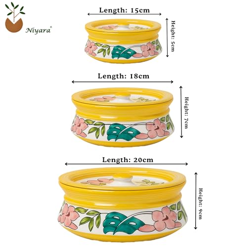 Image of Niyara Handcrafted Ceramic Casserole Set of 3 with Lids | Yellow Floral Printed Multipurpose Serving Bowls | Ideal for Curry, Rice, Dal, Snacks & Dinner Table | Microwave & Dishwasher Safe