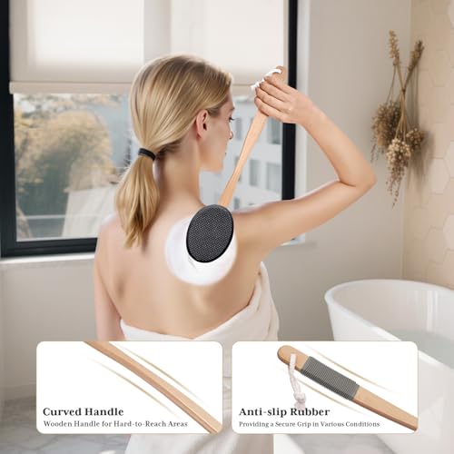 Image of AmazerBath Lotion Applicator for Back, Feet, 4 Replacement Pads with 17 inch Curved Handle, Back Sunscreen Applicator for Kids, Elderly, Women, Apply Skin Cream Medicine Moisturizer Tanner, Black