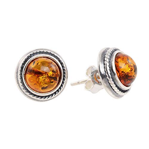 Genuine Baltic Honey Amber Stud Earrings for Women – 925 Sterling Silver Round Cabochon Post Earrings, Natural Amber Jewelry with Certificate