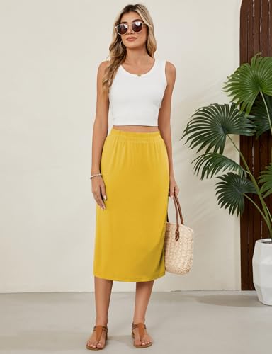 Naggoo Womens Midi Skirts Summer Elastic High Waisted Back Slit Long Straight Skirt Below Knee4